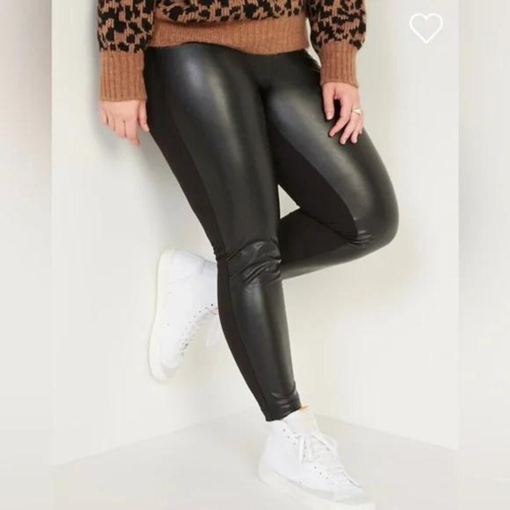NWT Old Navy High-Waisted Faux-Leather Front-Panel Leggings - Picture 1 of 8